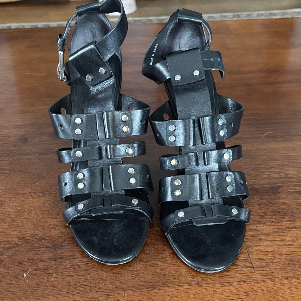 Pour La Victoire Black Strappy Sandals with Silver Accents